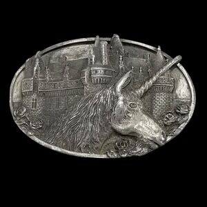 Bergamot Belt Buckle Vintage Unicorn Silver Castle Fantasy 1983 V-48 Made in USA